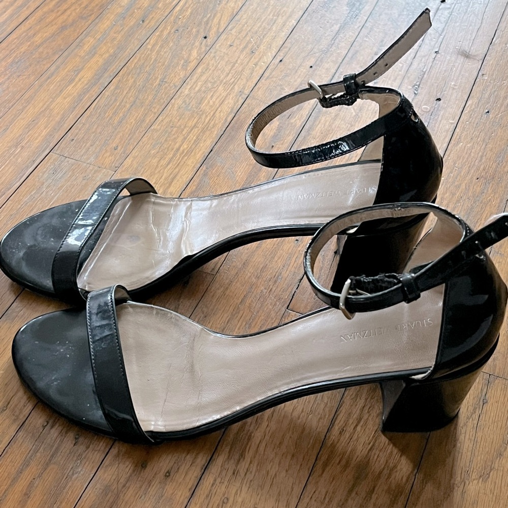 Stuart weitzman black patent ankle strap block heels